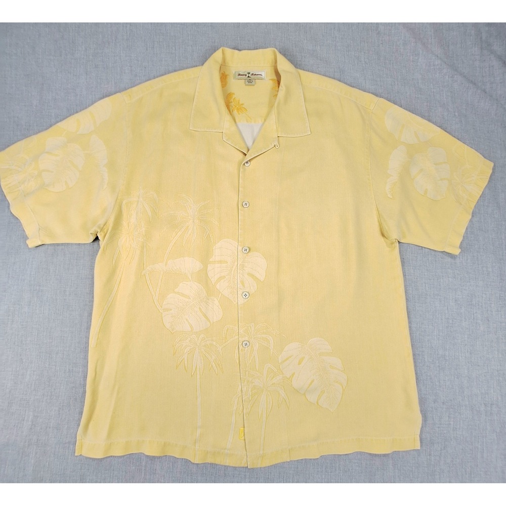 Tommy Bahama Mens XL Yellow Silk Tropical Jacquard Camp Shirt Short Sleeve